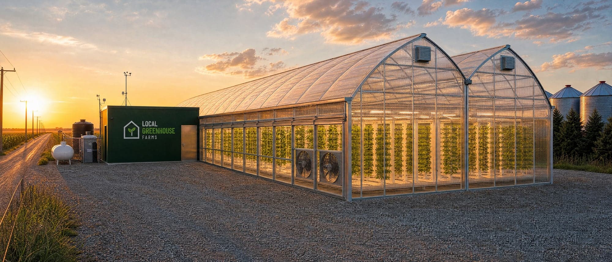 A Local Greenhouse Farms greenhouse at sunset on a Midwest farm: a double-peak gothic arch house, glass to the ground, lettuce towers glowing through the glazing, and a dark green headhouse carrying the Local Greenhouse Farms lockup, with grain bins and the county road behind