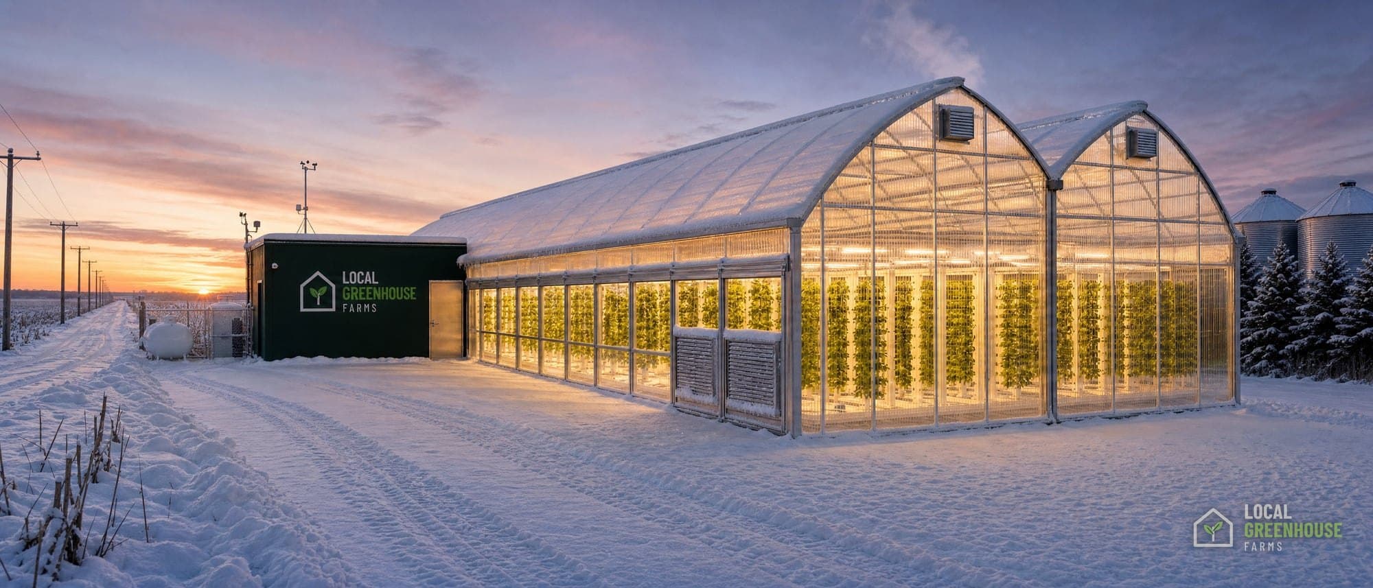 A Local Greenhouse Farms house in January at dusk: snow on the ground and roof, the sun setting behind the dark green headhouse, and the whole greenhouse glowing warm with rows of lettuce towers lit inside, steam rising from the roof